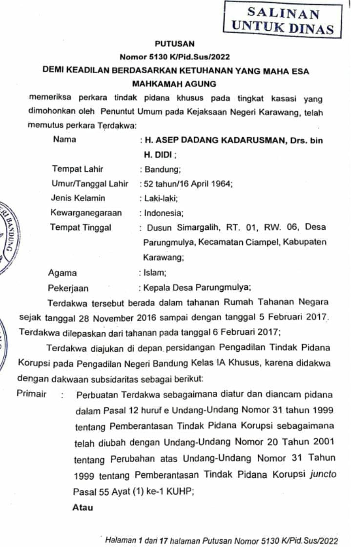 Perjalanan Panjang Kades Parung Mulya Dimeja-hijau Tipikor Bandung Dalam Kasus Pungli